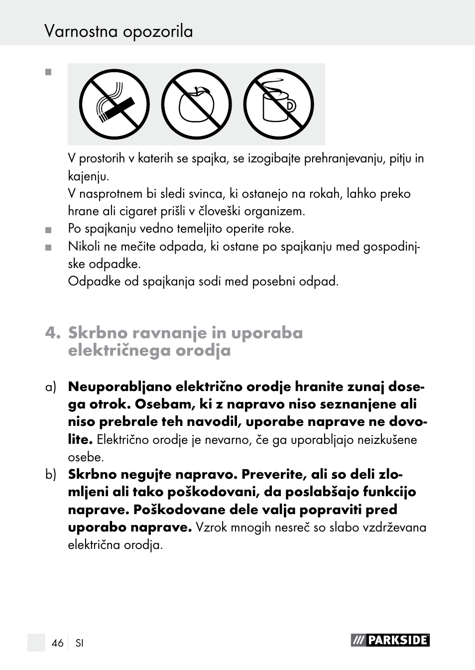 Skrbno ravnanje in uporaba električnega orodja | Parkside PLBS 30 A1 User Manual | Page 46 / 106