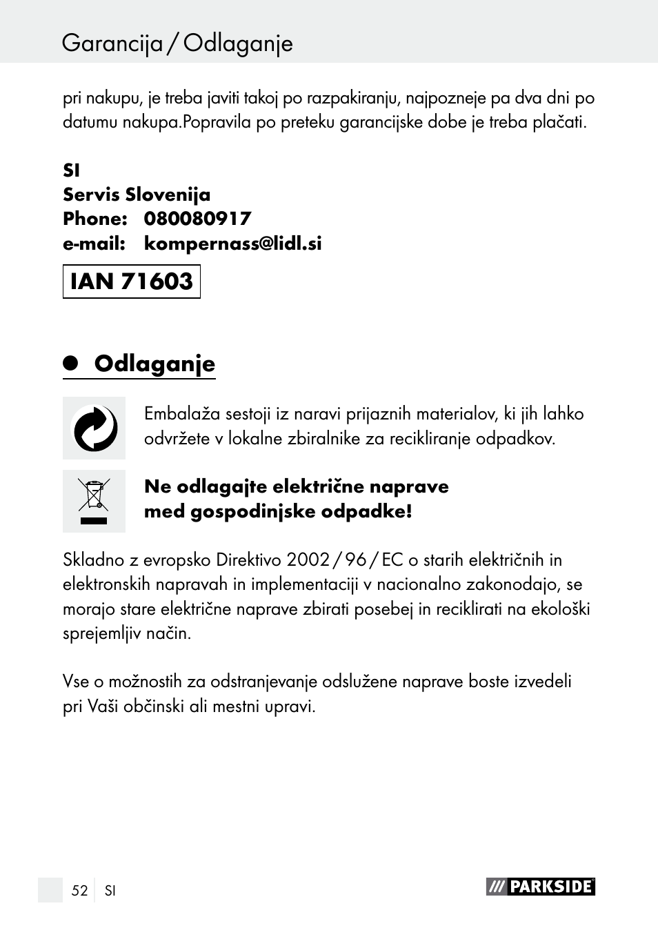 Odlaganje | Parkside PLBS 30 A1 User Manual | Page 52 / 106