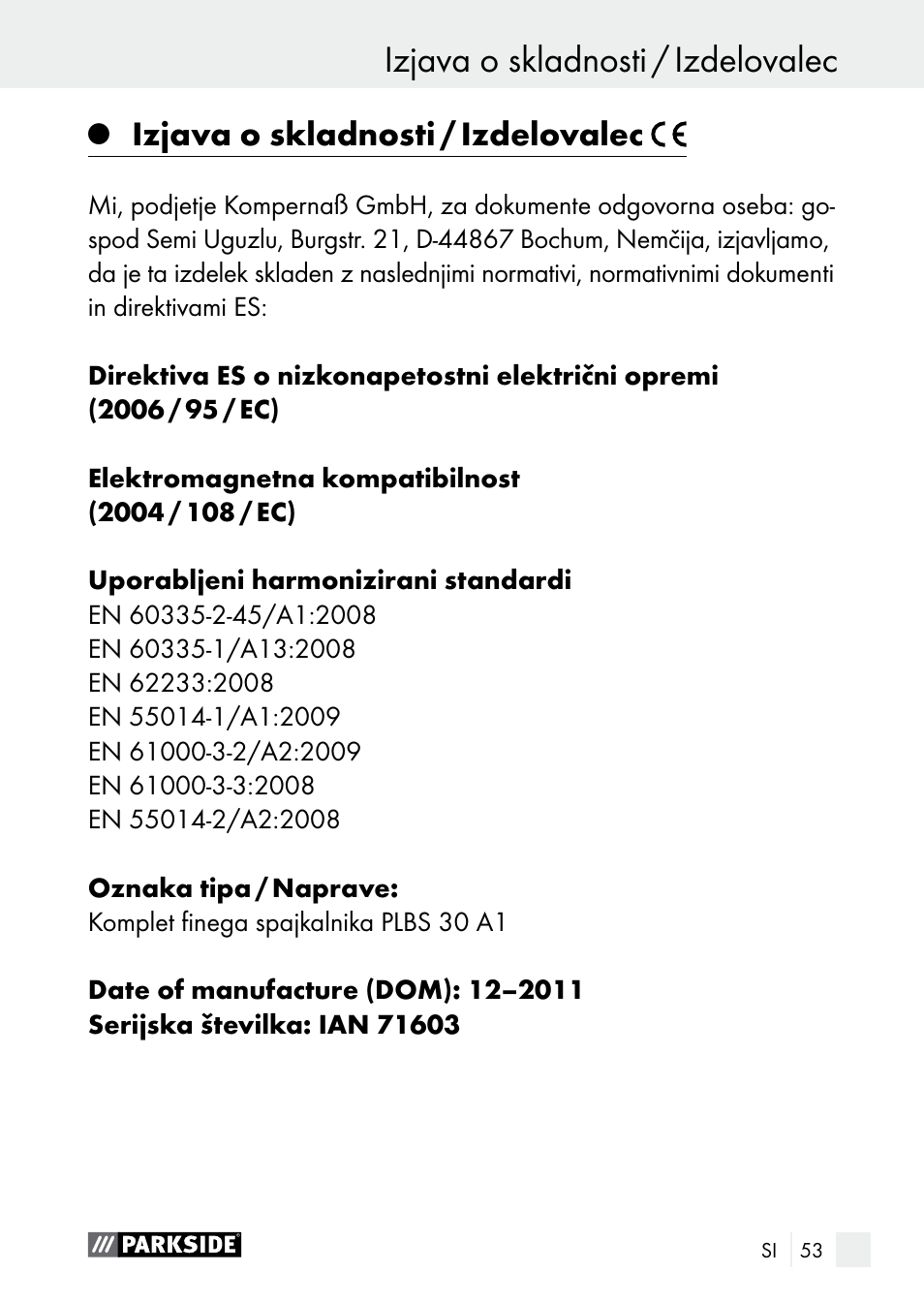 Izjava o skladnosti / izdelovalec, Garancija / odlaganje | Parkside PLBS 30 A1 User Manual | Page 53 / 106