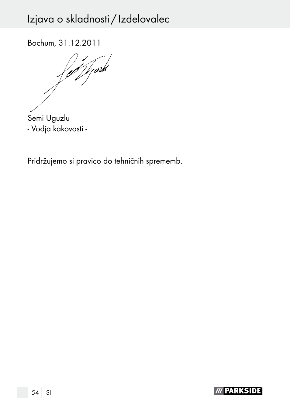 Izjava o skladnosti / izdelovalec, Garancijski list | Parkside PLBS 30 A1 User Manual | Page 54 / 106