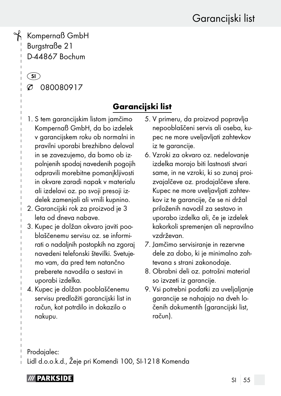 Izjava o skladnosti / izdelovalec garancijski list | Parkside PLBS 30 A1 User Manual | Page 55 / 106