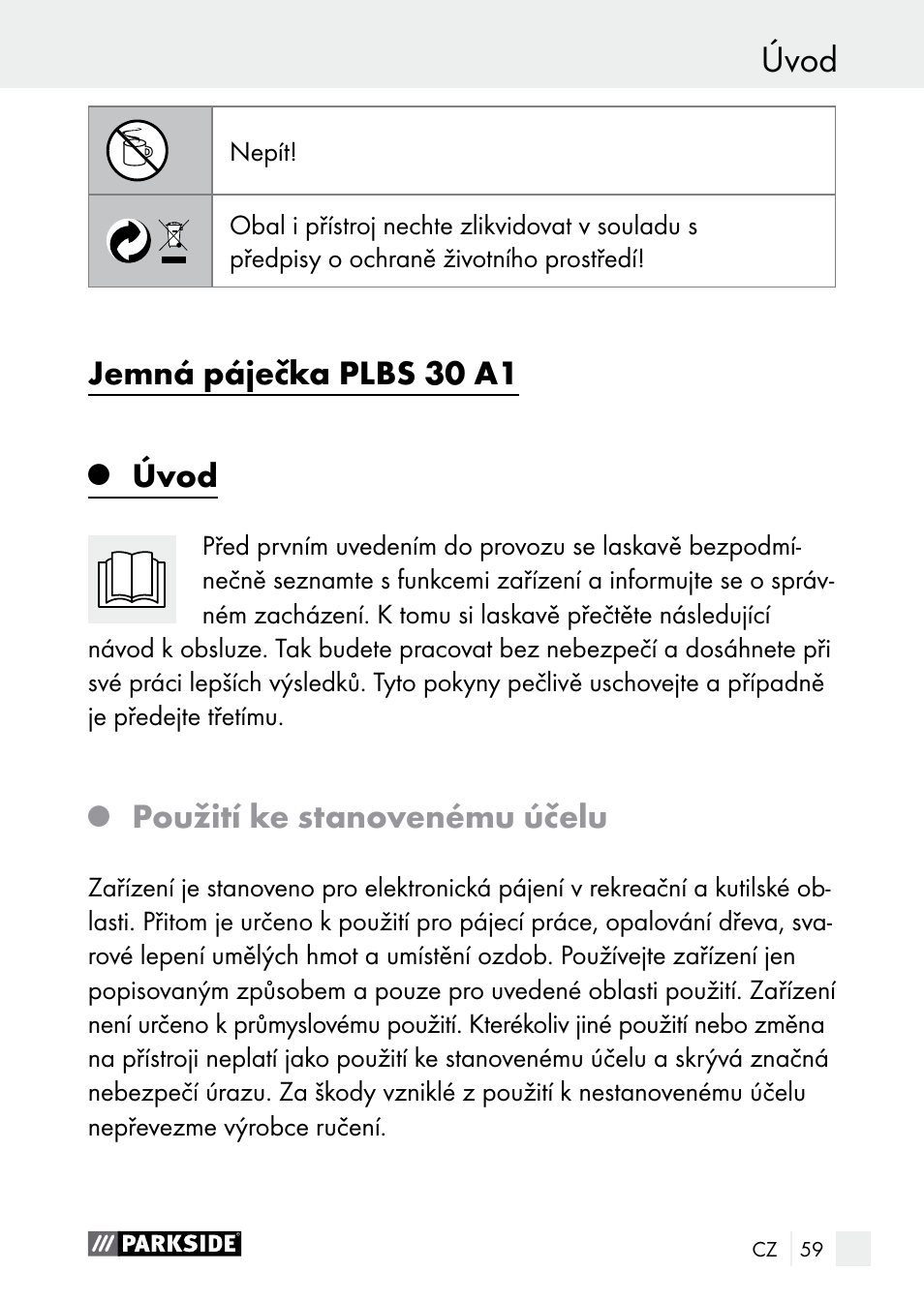 Úvod, Jemná páječka plbs 30 a1, Použití ke stanovenému účelu | Parkside PLBS 30 A1 User Manual | Page 59 / 106