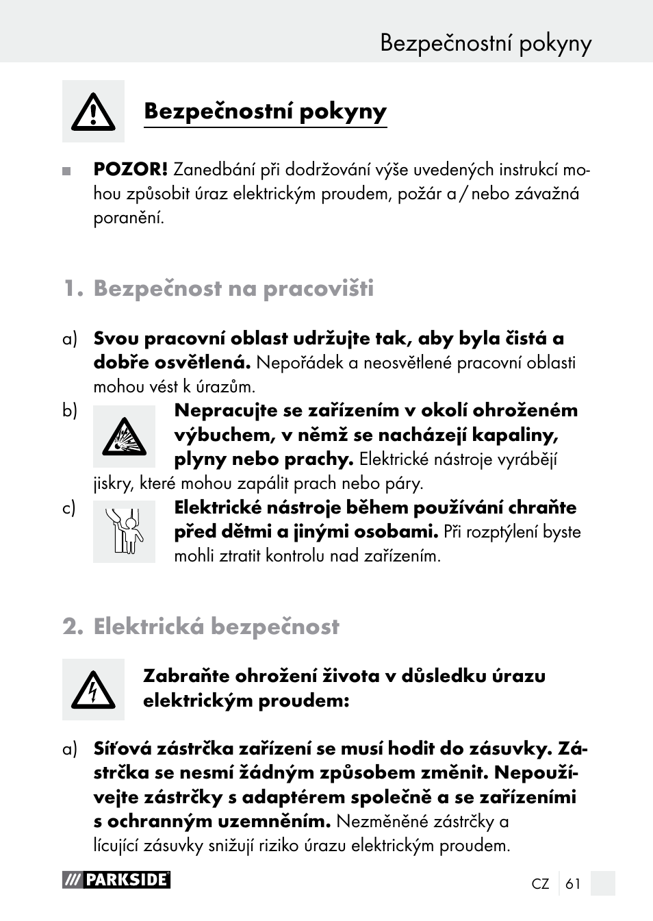Bezpečnostní pokyny úvod, Bezpečnostní pokyny, Bezpečnost na pracovišti | Elektrická bezpečnost | Parkside PLBS 30 A1 User Manual | Page 61 / 106