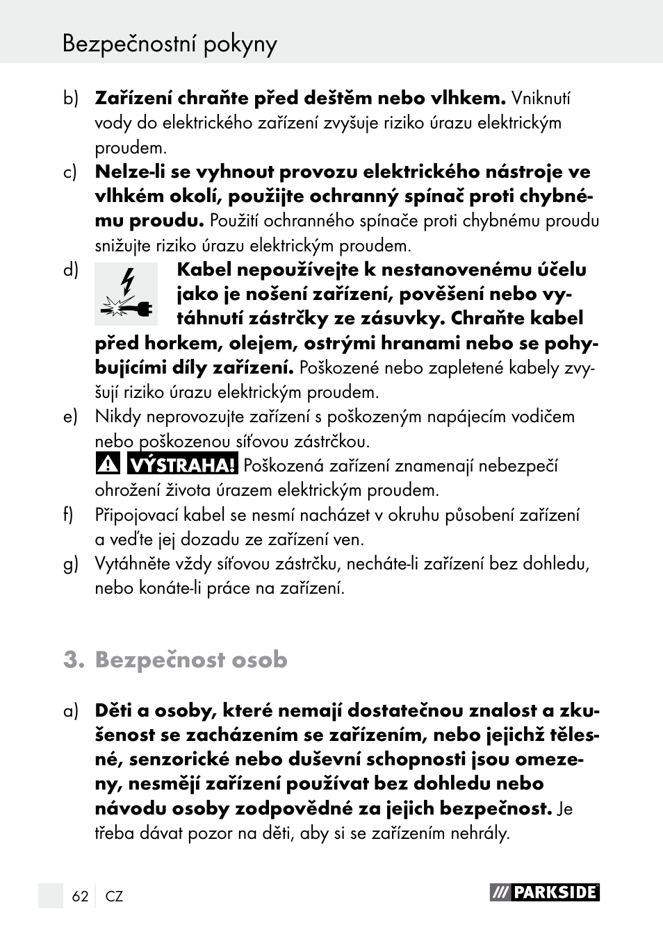 Bezpečnostní pokyny, Bezpečnost osob | Parkside PLBS 30 A1 User Manual | Page 62 / 106