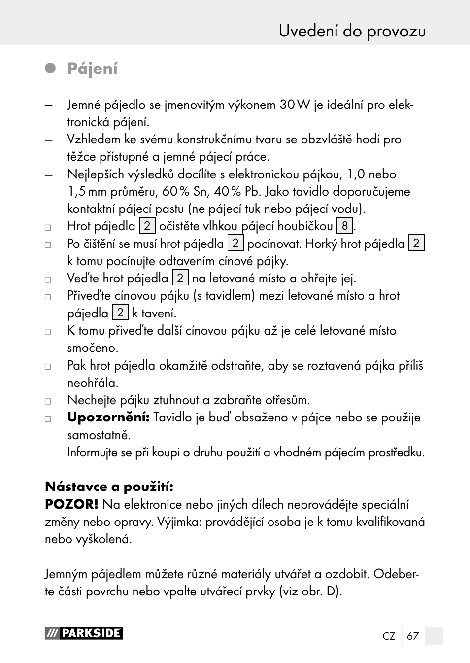 Pájení | Parkside PLBS 30 A1 User Manual | Page 67 / 106