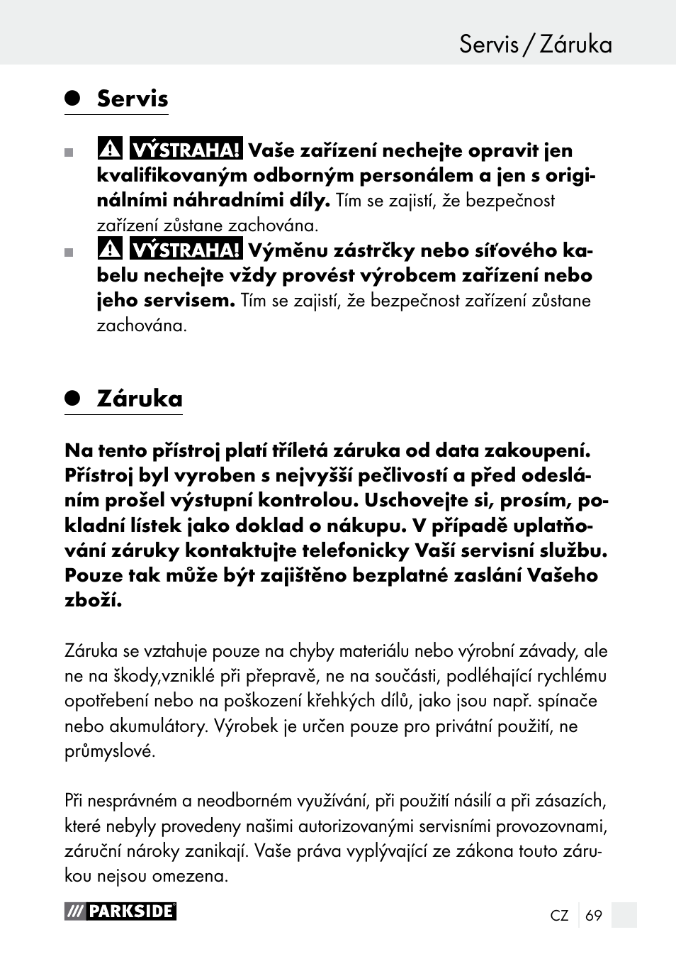 Servis, Záruka | Parkside PLBS 30 A1 User Manual | Page 69 / 106