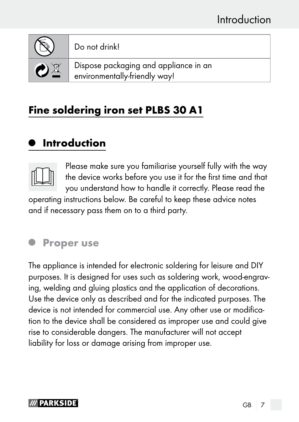 Introduction, Fine soldering iron set plbs 30 a1, Proper use | Parkside PLBS 30 A1 User Manual | Page 7 / 106