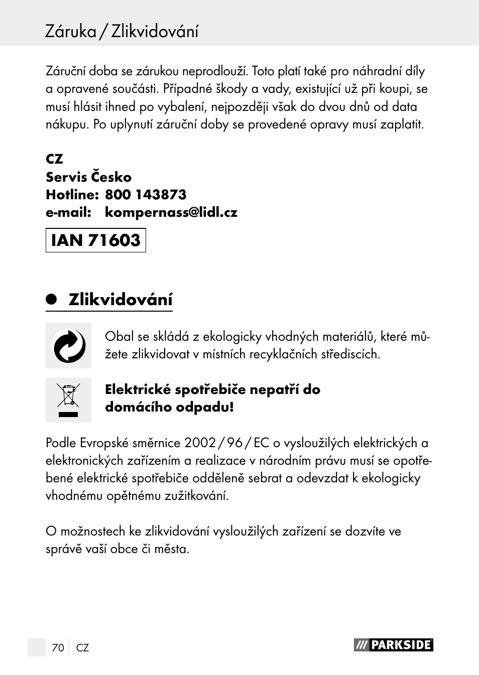 Zlikvidování | Parkside PLBS 30 A1 User Manual | Page 70 / 106