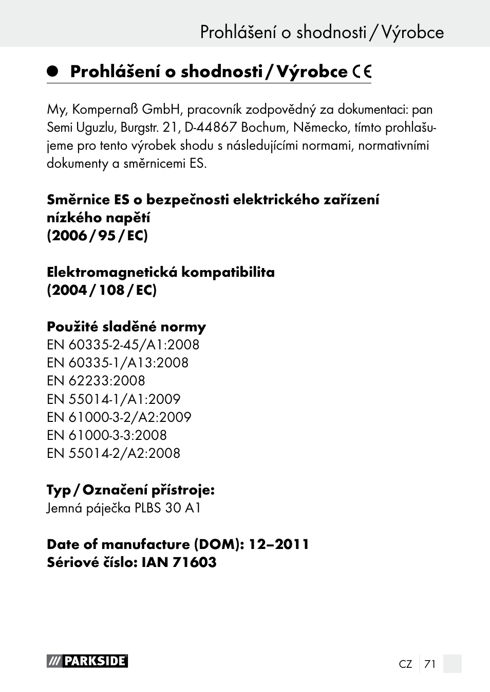 Prohlášení o shodnosti / výrobce, Záruka / zlikvidování | Parkside PLBS 30 A1 User Manual | Page 71 / 106