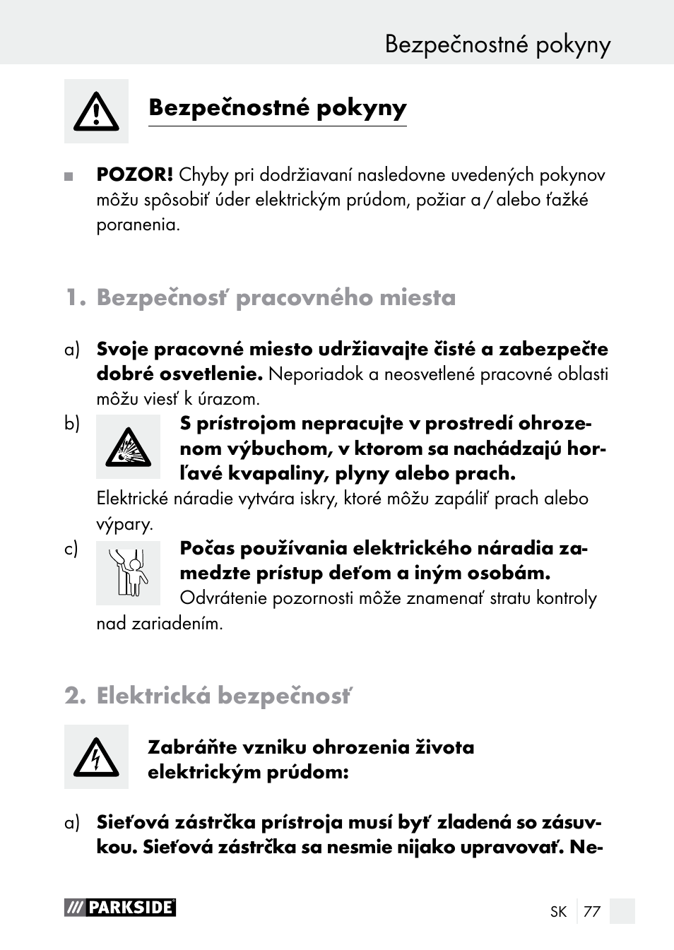 Bezpečnostné pokyny úvod, Bezpečnostné pokyny, Bezpečnosť pracovného miesta | Elektrická bezpečnosť | Parkside PLBS 30 A1 User Manual | Page 77 / 106