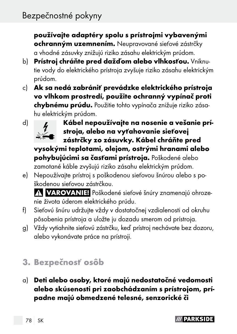 Bezpečnostné pokyny, Bezpečnosť osôb | Parkside PLBS 30 A1 User Manual | Page 78 / 106