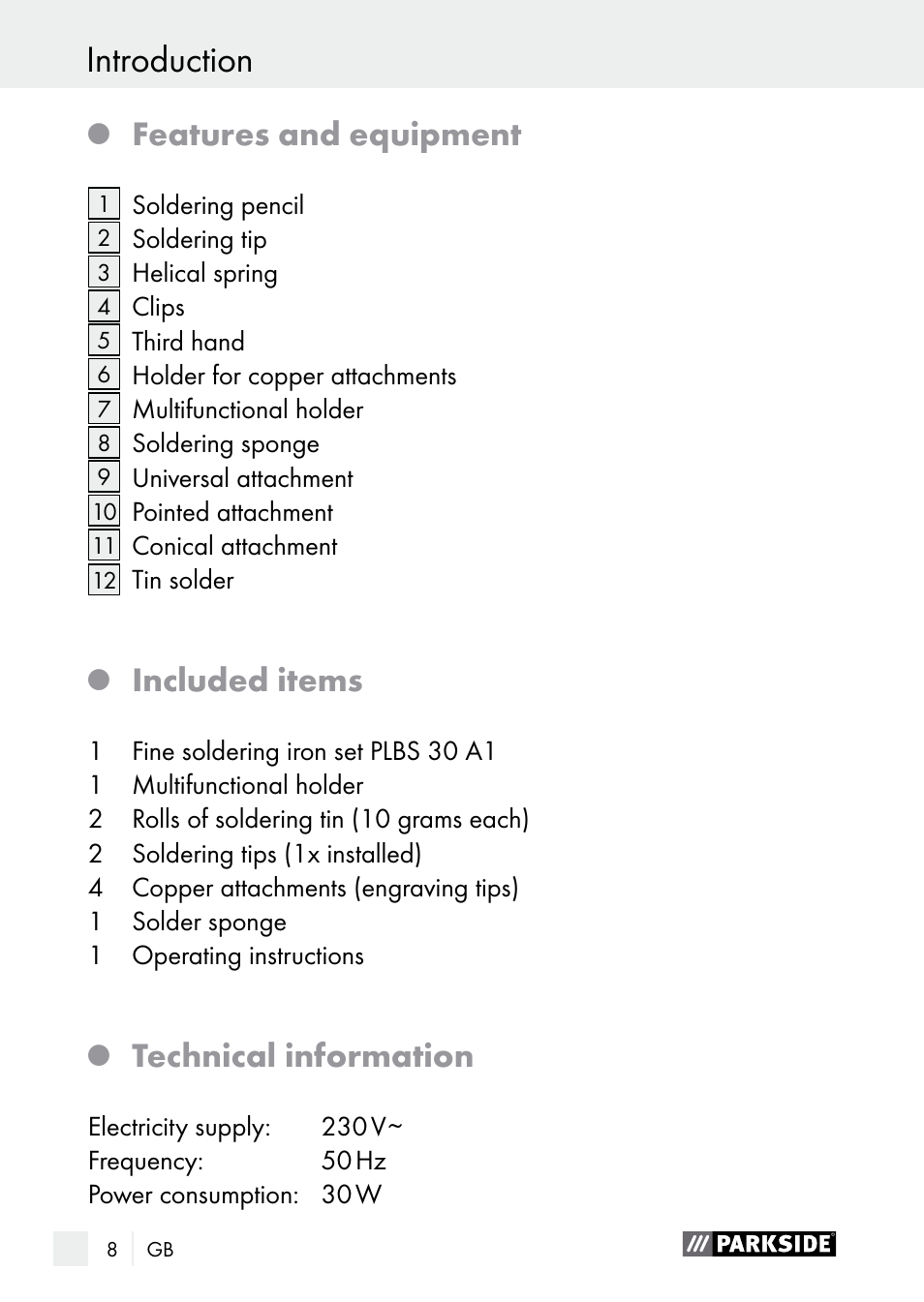 Safety advice introduction, Features and equipment, Included items | Technical information | Parkside PLBS 30 A1 User Manual | Page 8 / 106