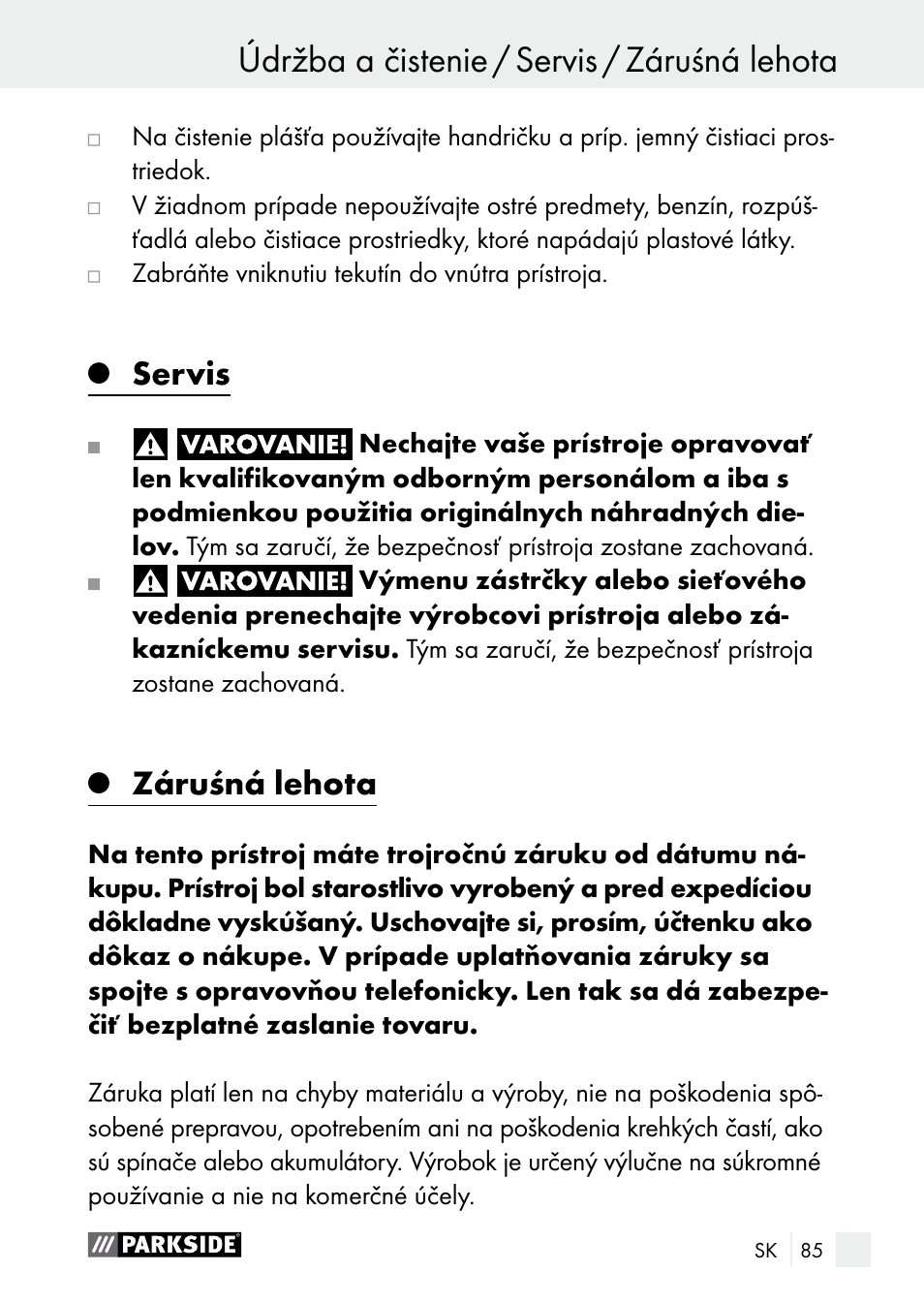 Servis, Záruśná lehota | Parkside PLBS 30 A1 User Manual | Page 85 / 106