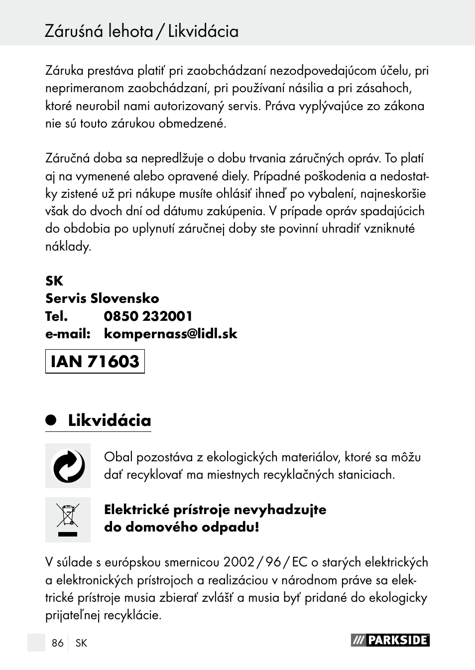 Likvidácia | Parkside PLBS 30 A1 User Manual | Page 86 / 106