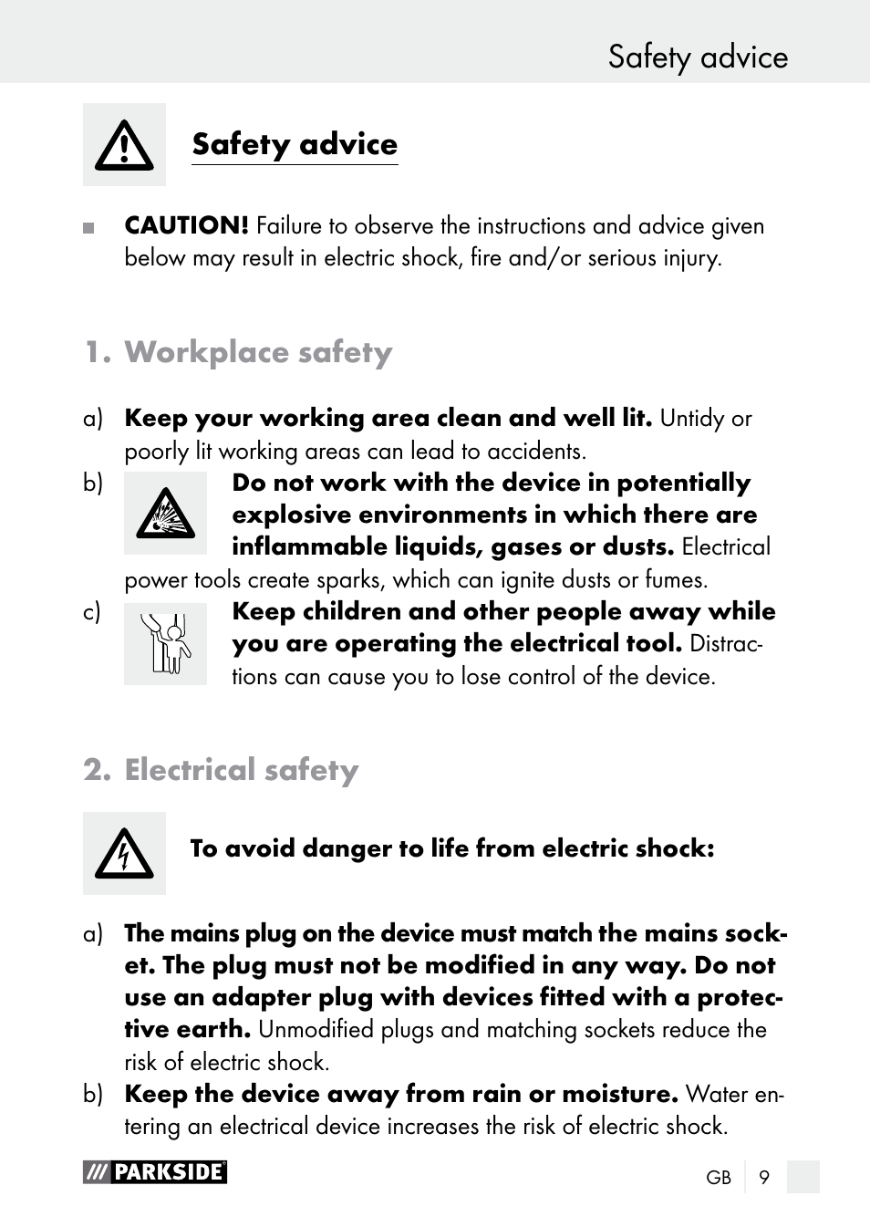 Safety advice, Introduction, Workplace safety | Electrical safety | Parkside PLBS 30 A1 User Manual | Page 9 / 106
