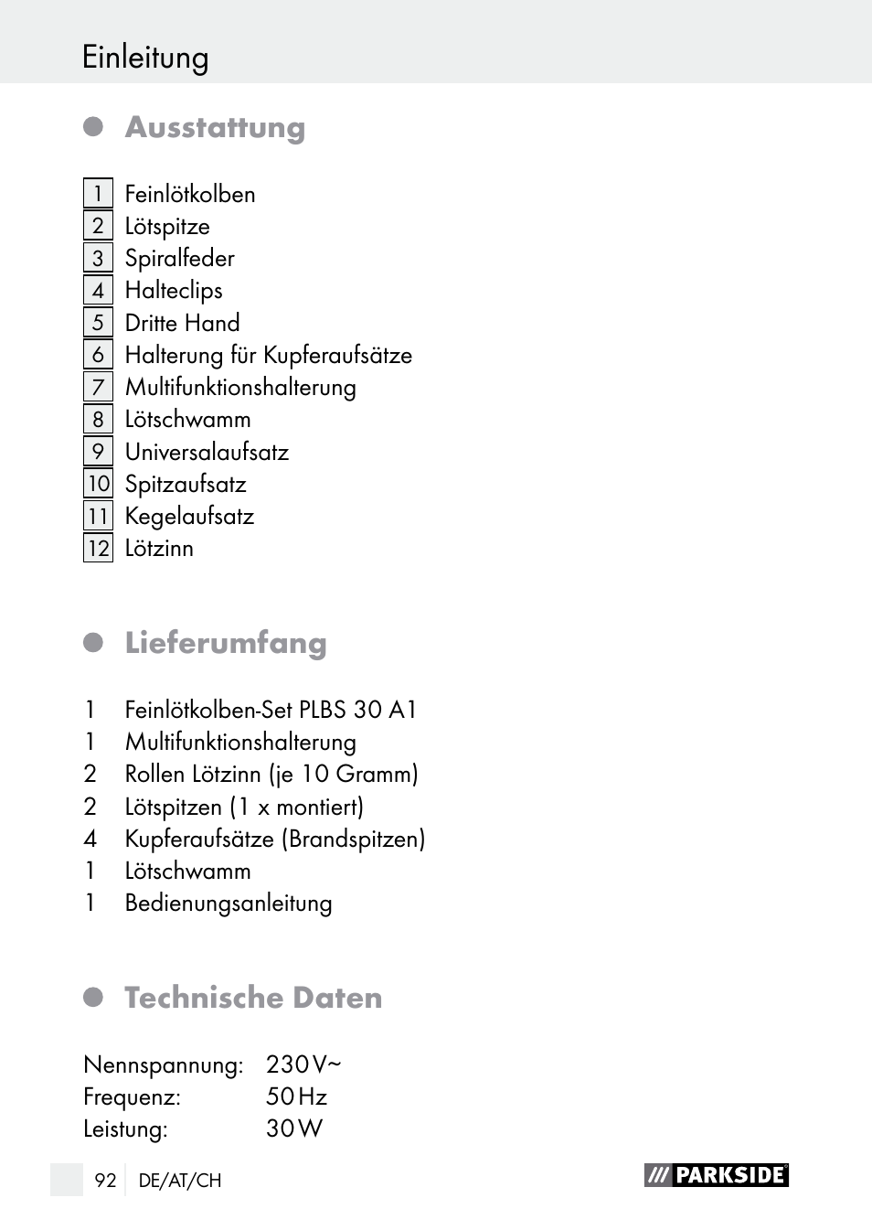 Einleitung sicherheitshinweise, Ausstattung, Lieferumfang | Technische daten | Parkside PLBS 30 A1 User Manual | Page 92 / 106