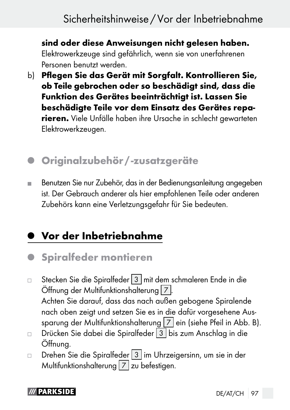 Originalzubehör / ­zusatzgeräte, Vor der inbetriebnahme, Spiralfeder montieren | Parkside PLBS 30 A1 User Manual | Page 97 / 106