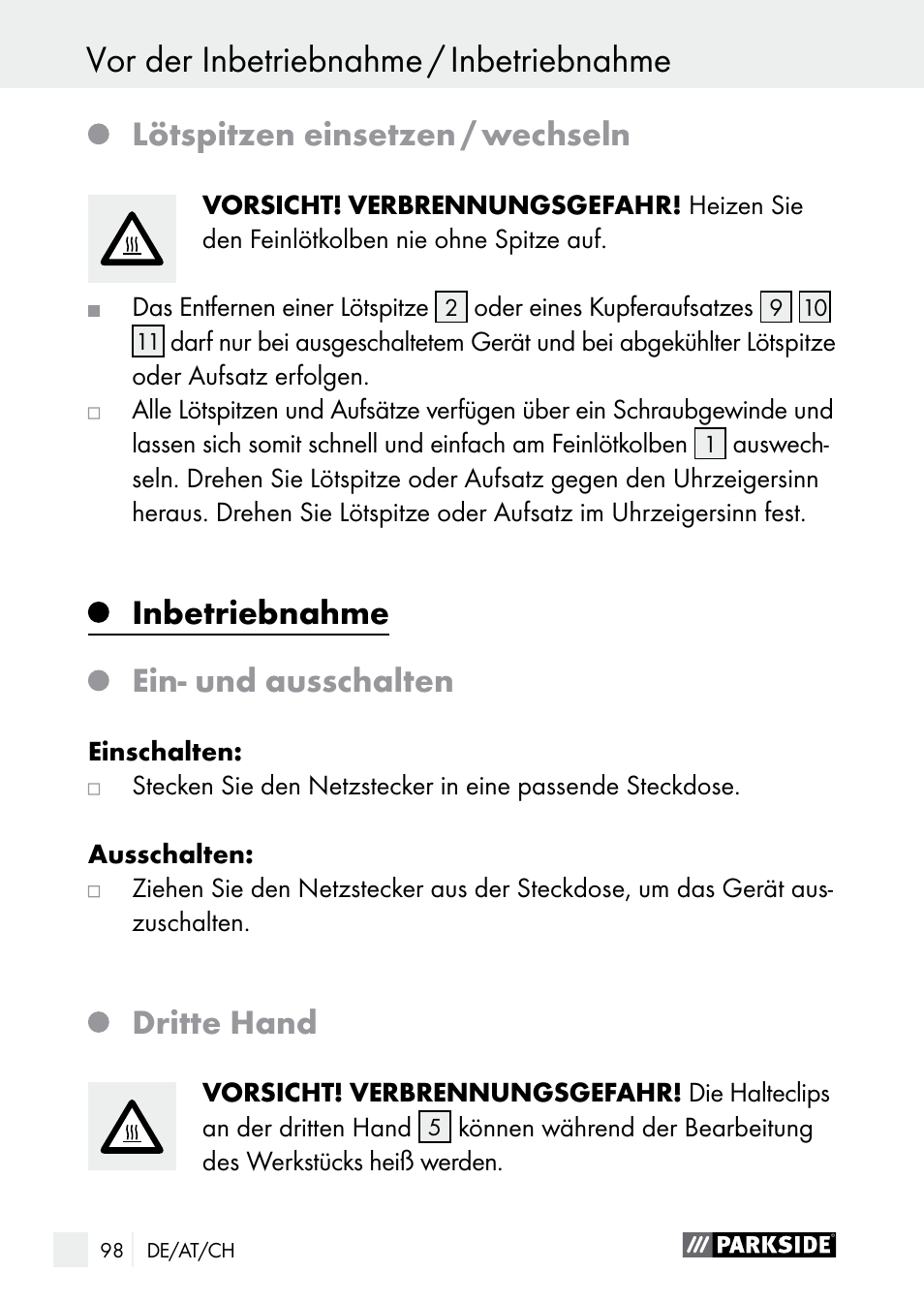 Lötspitzen einsetzen / wechseln, Inbetriebnahme, Ein­ und ausschalten | Dritte hand | Parkside PLBS 30 A1 User Manual | Page 98 / 106