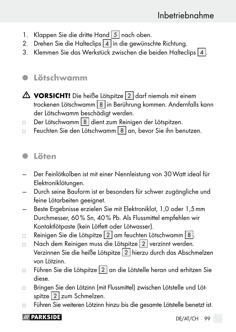 Inbetriebnahme, Lötschwamm, Löten | Parkside PLBS 30 A1 User Manual | Page 99 / 106