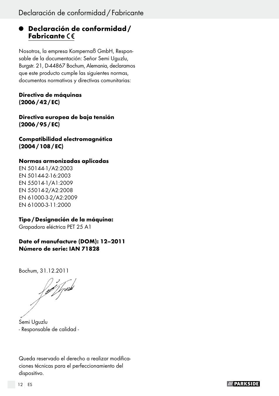 Declaración de conformidad / fabricante, Indice | Parkside PET 25 A1 User Manual | Page 12 / 37