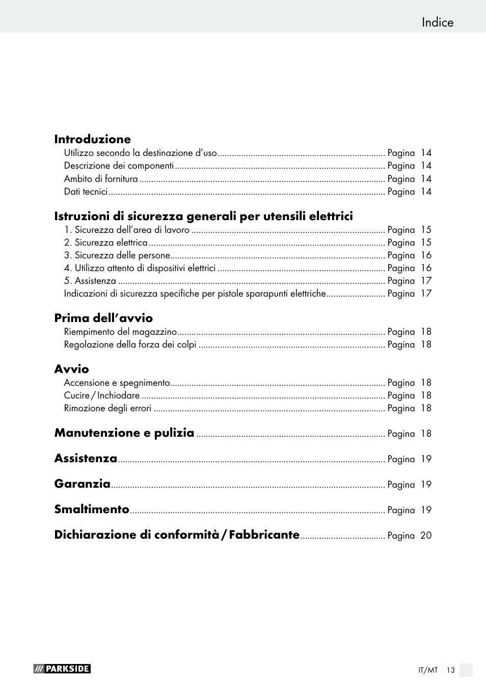 Indice | Parkside PET 25 A1 User Manual | Page 13 / 37