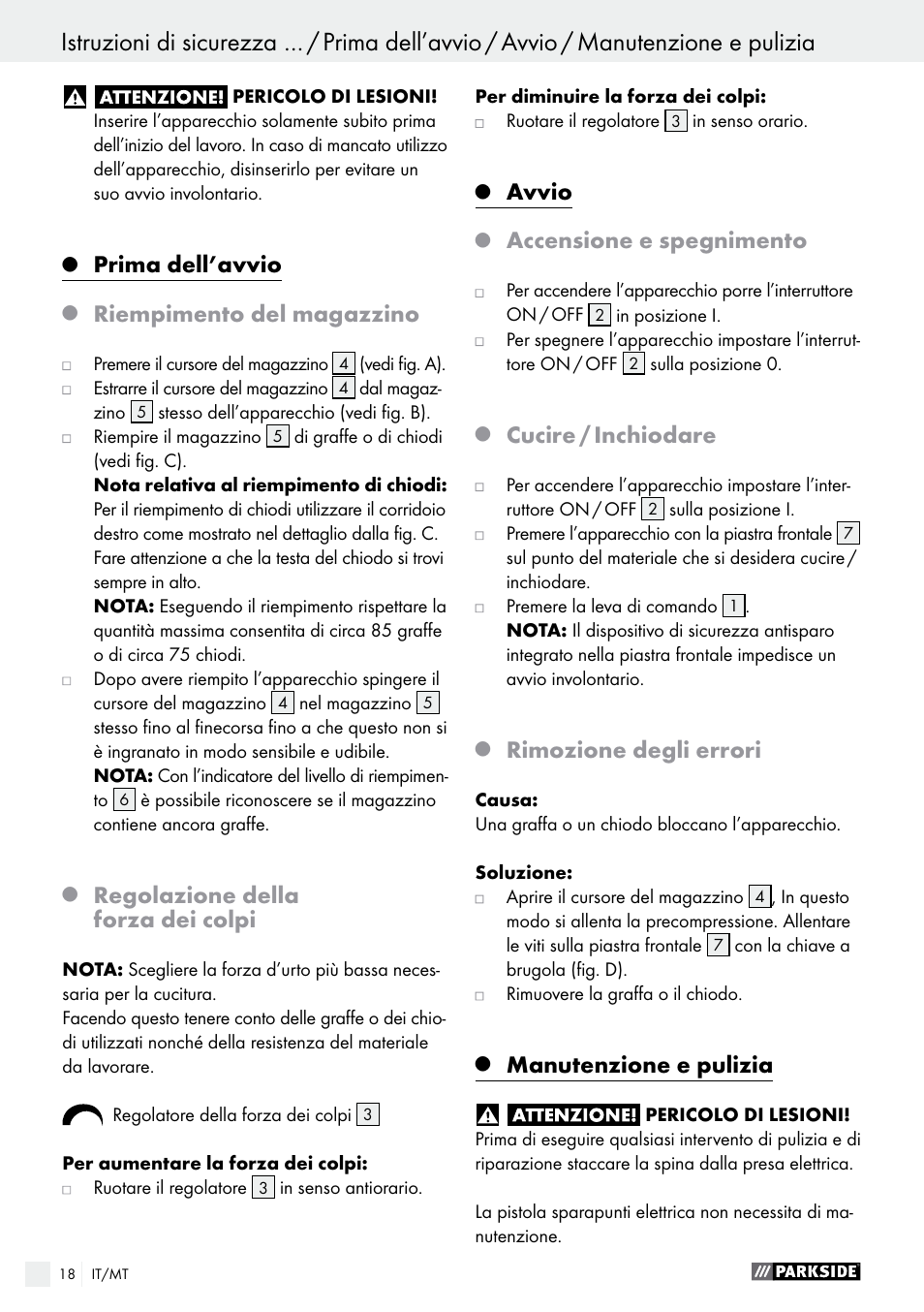 Prima dell’avvio, Riempimento del magazzino, Regolazione della forza dei colpi | Avvio, Accensione e spegnimento, Cucire / inchiodare, Rimozione degli errori, Manutenzione e pulizia | Parkside PET 25 A1 User Manual | Page 18 / 37