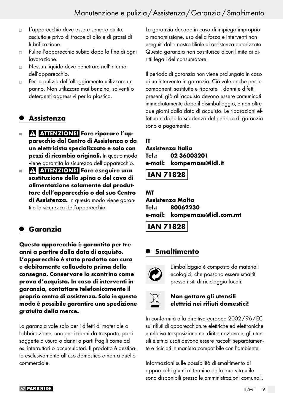 Assistenza, Garanzia, Smaltimento | Parkside PET 25 A1 User Manual | Page 19 / 37