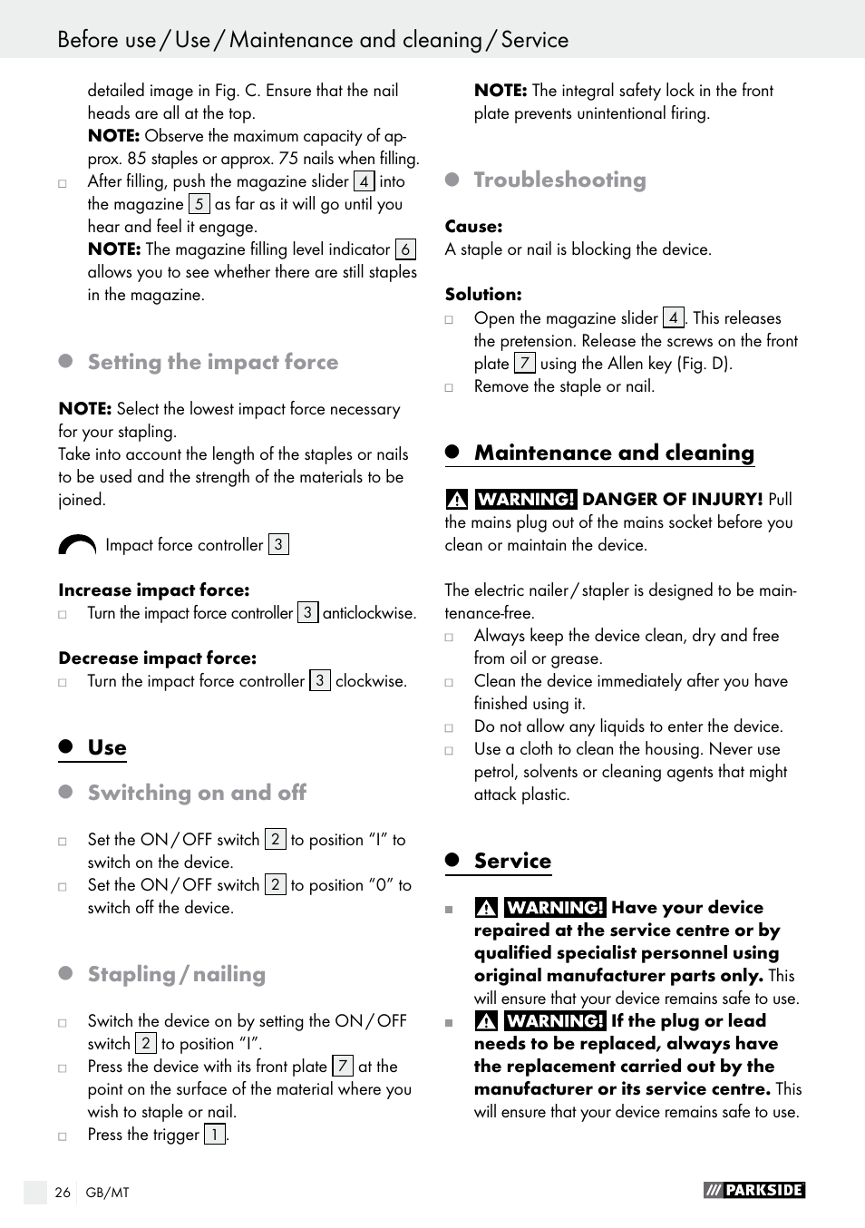 Setting the impact force, Switching on and off, Stapling / nailing | Troubleshooting, Maintenance and cleaning, Service | Parkside PET 25 A1 User Manual | Page 26 / 37
