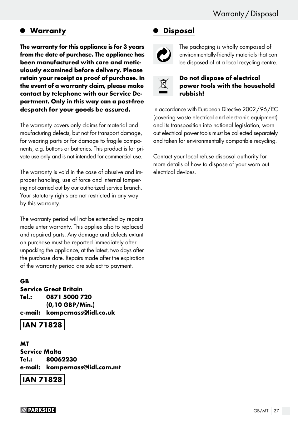 Warranty, Disposal | Parkside PET 25 A1 User Manual | Page 27 / 37