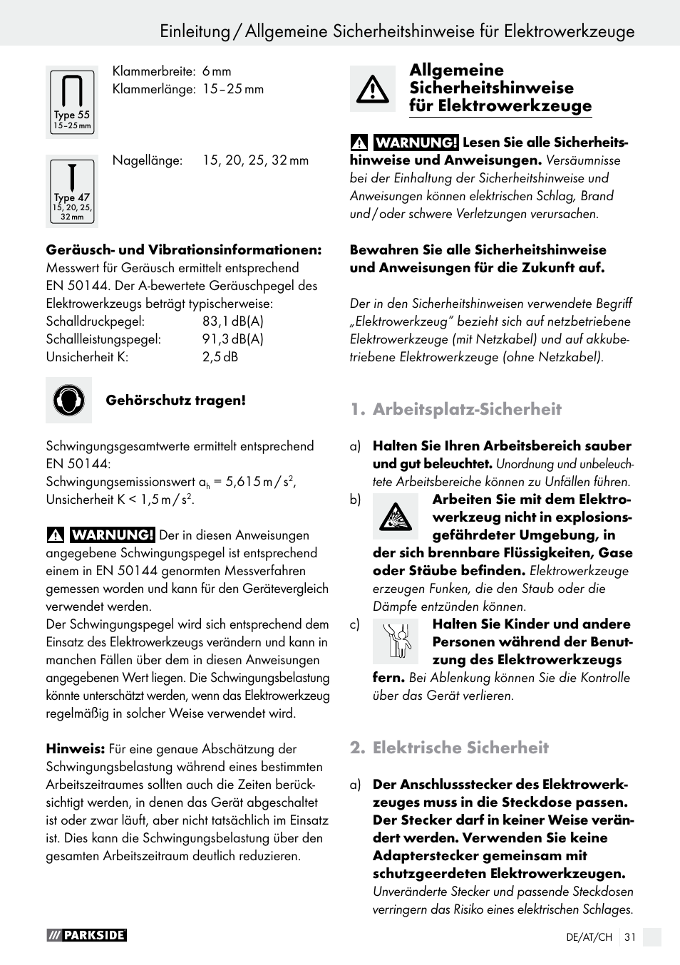 Arbeitsplatz-sicherheit, Elektrische sicherheit | Parkside PET 25 A1 User Manual | Page 31 / 37