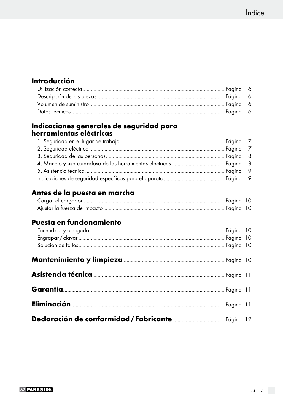 Índice | Parkside PET 25 A1 User Manual | Page 5 / 37