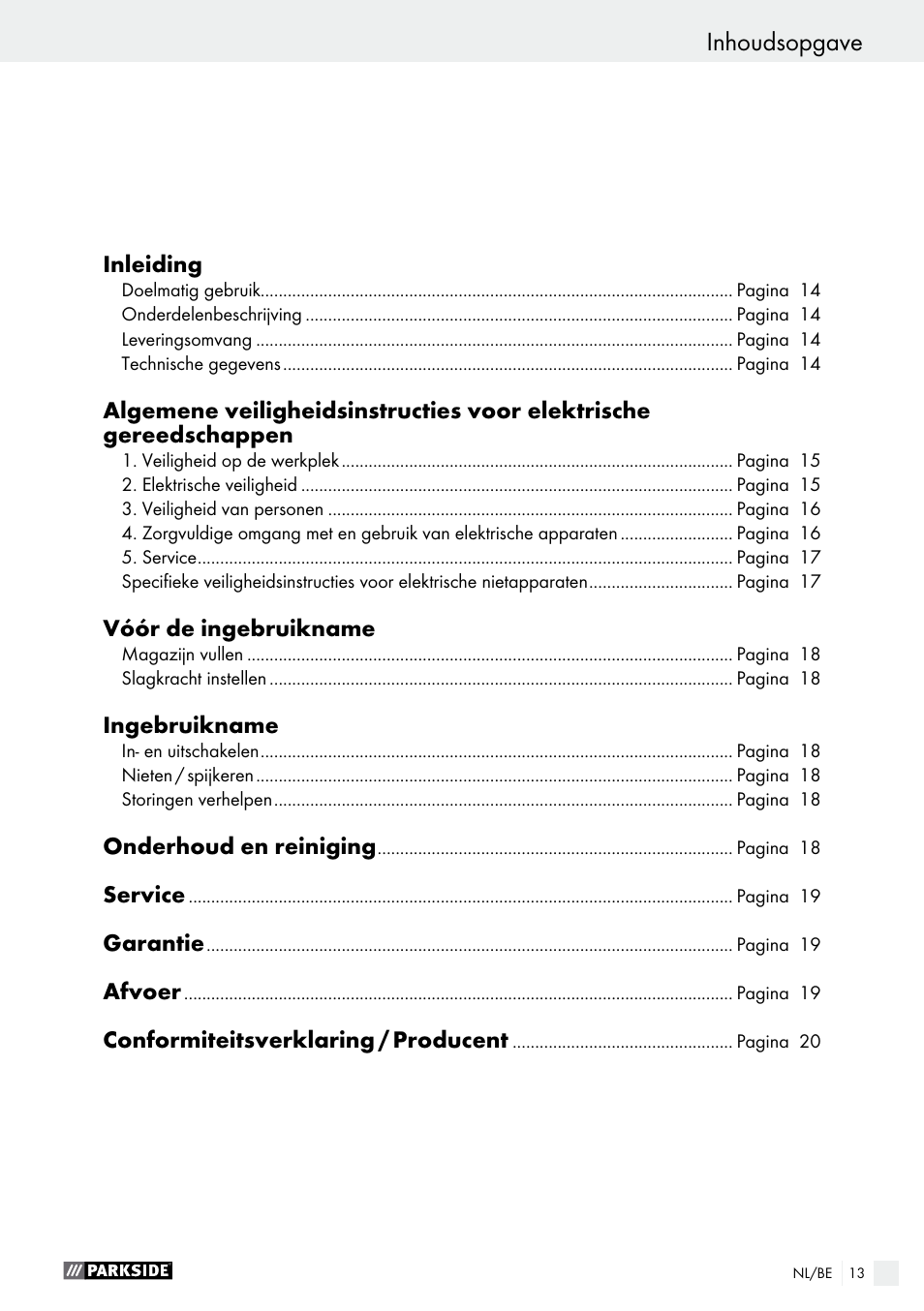 Inhoudsopgave, Déclaration de conformité / fabricant | Parkside PET 25 A1 User Manual | Page 13 / 37