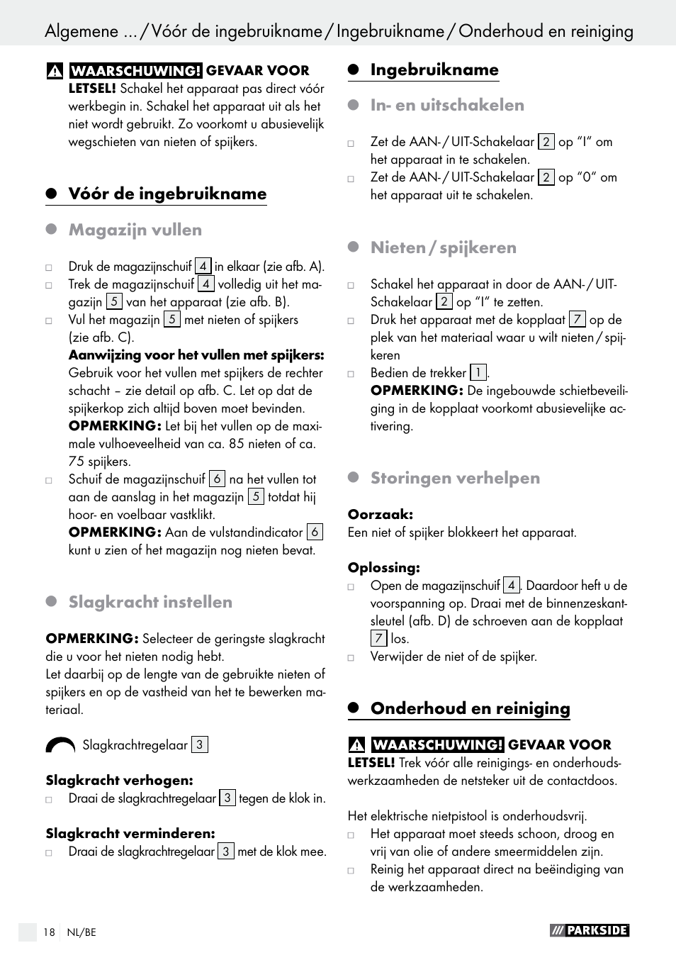 Vóór de ingebruikname, Magazijn vullen, Slagkracht instellen | Ingebruikname, In- en uitschakelen, Nieten / spijkeren, Storingen verhelpen, Onderhoud en reiniging | Parkside PET 25 A1 User Manual | Page 18 / 37