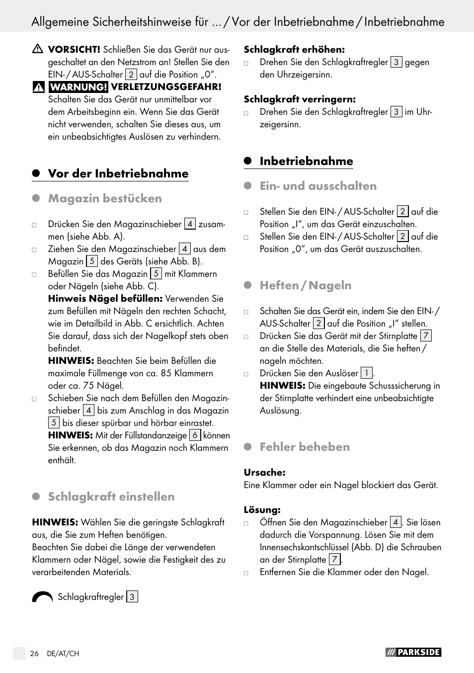 Vor der inbetriebnahme, Magazin bestücken, Schlagkraft einstellen | Inbetriebnahme, Ein- und ausschalten, Heften / nageln, Fehler beheben | Parkside PET 25 A1 User Manual | Page 26 / 37