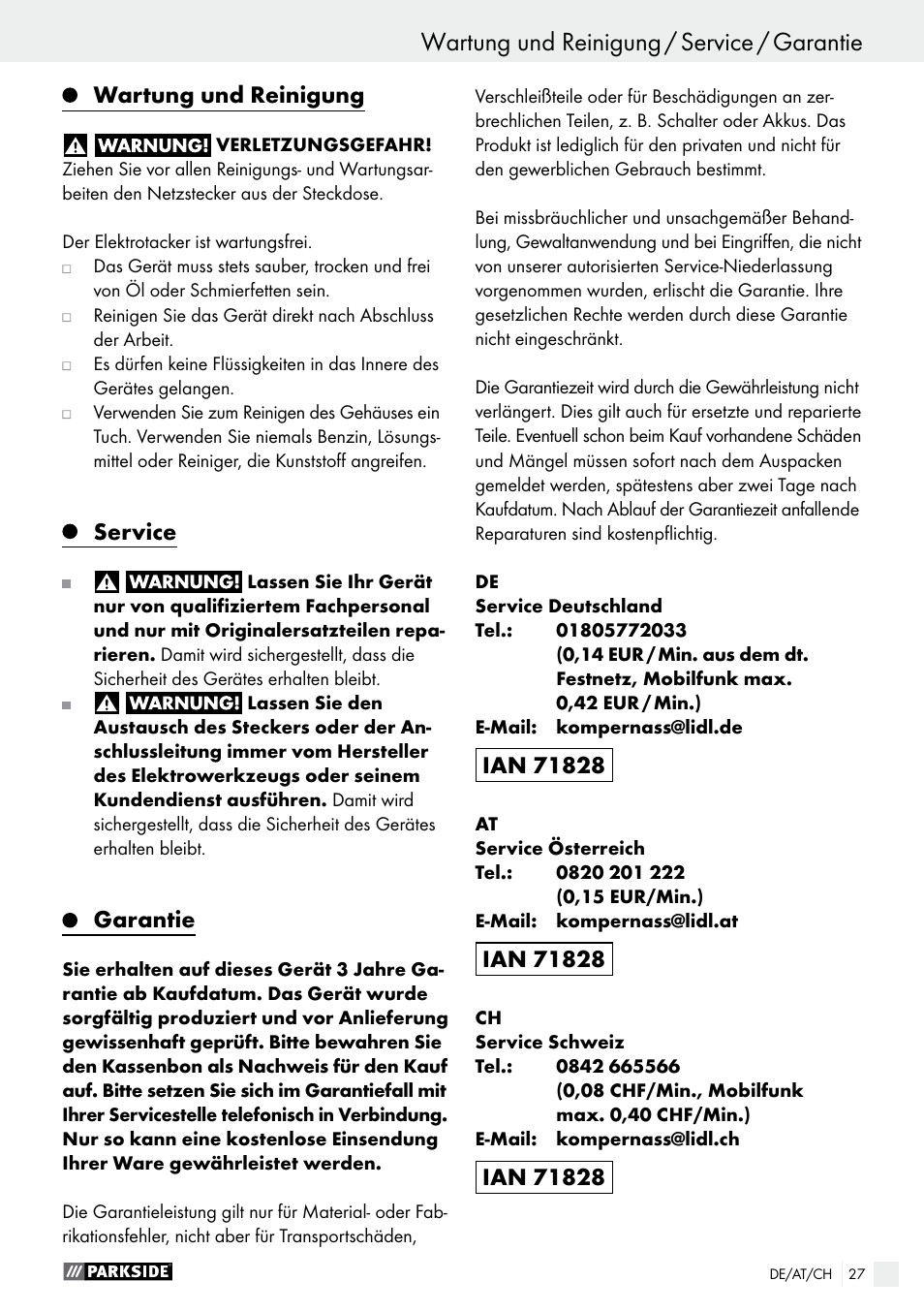 Wartung und reinigung, Service, Garantie | Parkside PET 25 A1 User Manual | Page 27 / 37