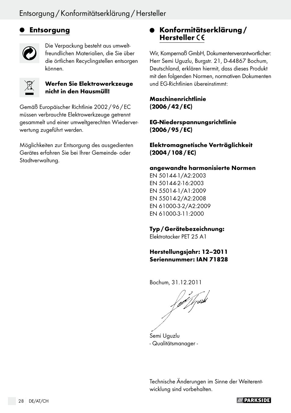 Parkside PET 25 A1 User Manual | Page 28 / 37