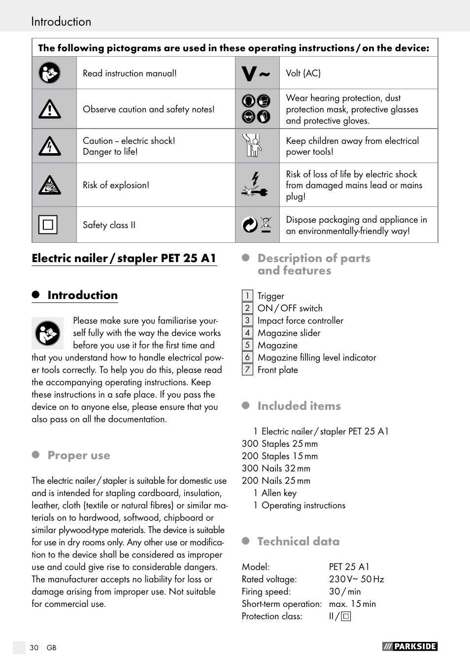 Electric nailer / stapler pet 25 a1, Introduction, Proper use | Description of parts and features, Included items, Technical data | Parkside PET 25 A1 User Manual | Page 30 / 37
