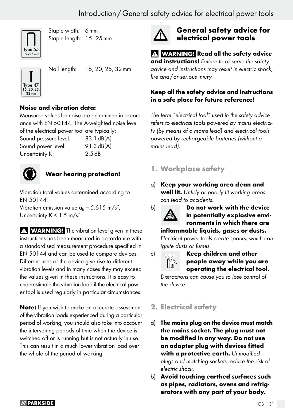 General safety advice for electrical power tools, Workplace safety, Electrical safety | Parkside PET 25 A1 User Manual | Page 31 / 37