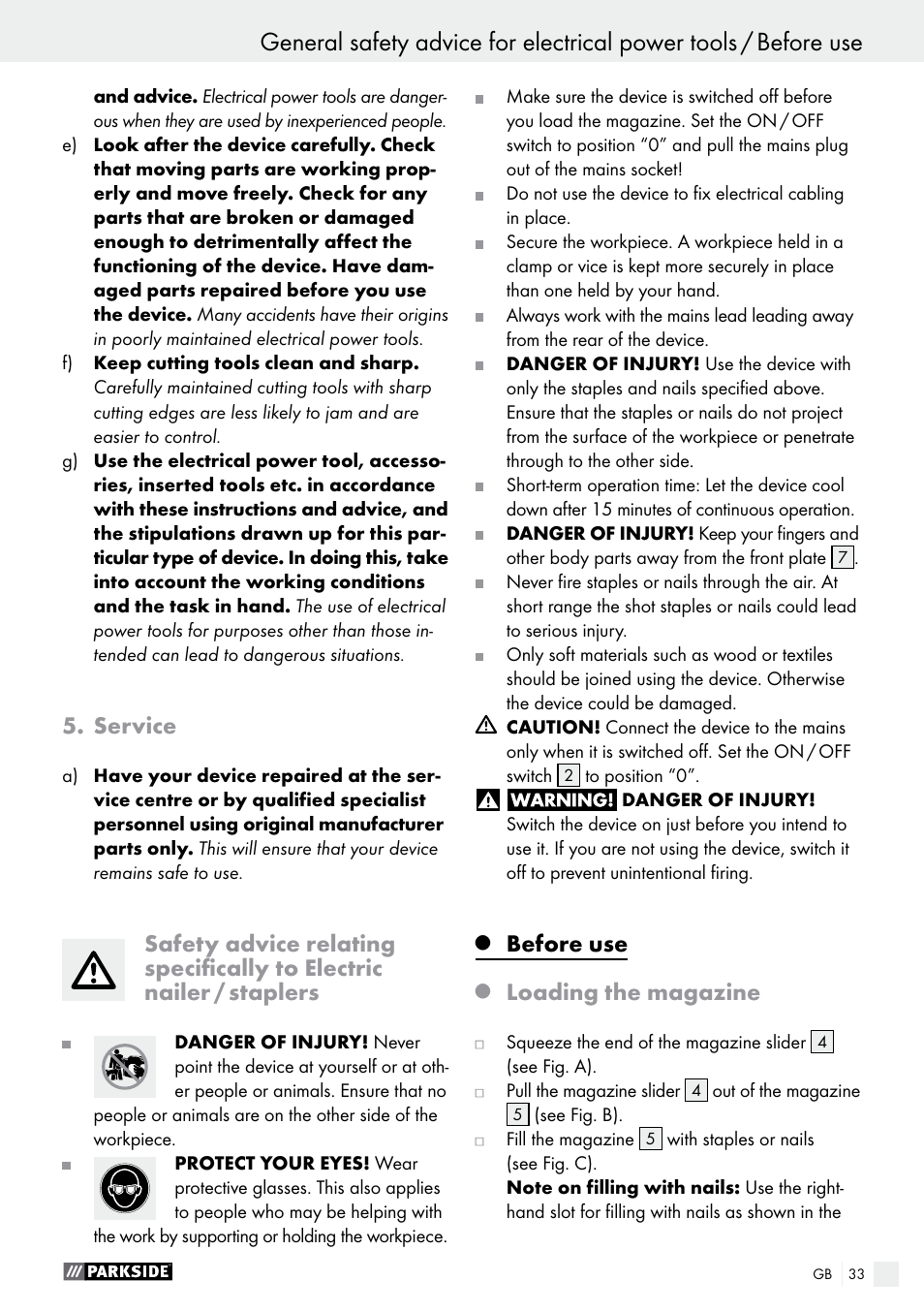 Service, Before use, Loading the magazine | Parkside PET 25 A1 User Manual | Page 33 / 37