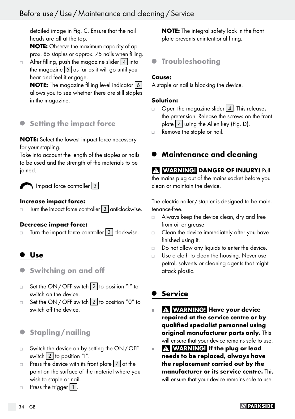 Setting the impact force, Switching on and off, Stapling / nailing | Troubleshooting, Maintenance and cleaning, Service | Parkside PET 25 A1 User Manual | Page 34 / 37