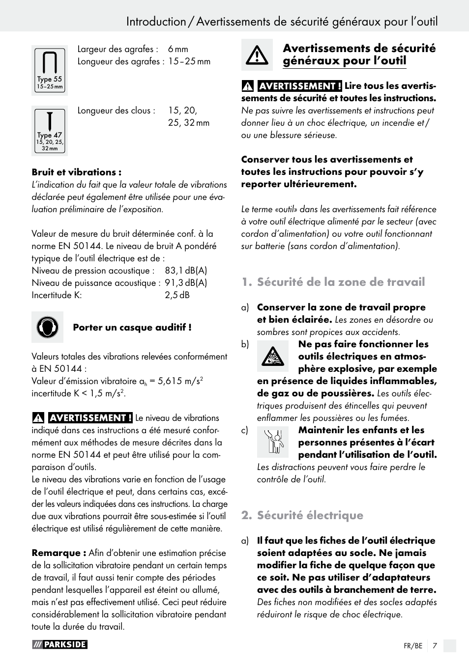 Avertissements de sécurité généraux pour l’outil, Sécurité de la zone de travail, Sécurité électrique | Parkside PET 25 A1 User Manual | Page 7 / 37