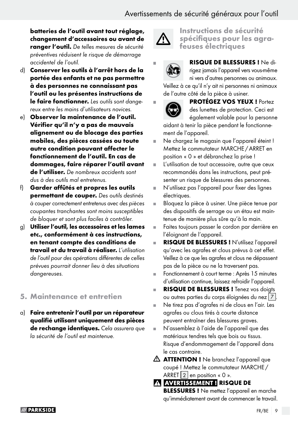 Avertissements de sécurité généraux pour l’outil, Maintenance et entretien | Parkside PET 25 A1 User Manual | Page 9 / 37