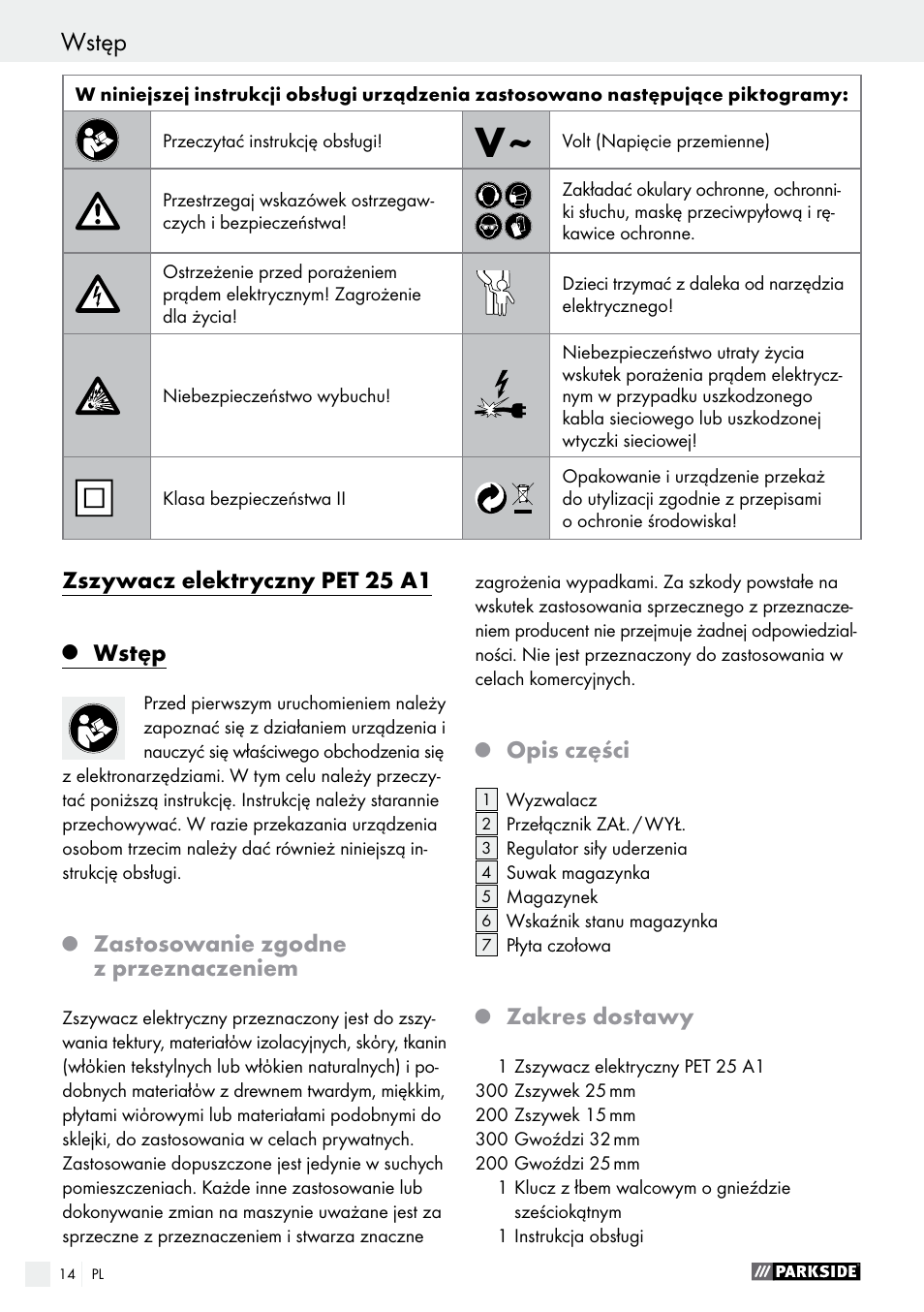 Zszywacz elektryczny pet 25 a1, Wstęp, Zastosowanie zgodne z przeznaczeniem | Opis części, Zakres dostawy | Parkside PET 25 A1 User Manual | Page 14 / 45
