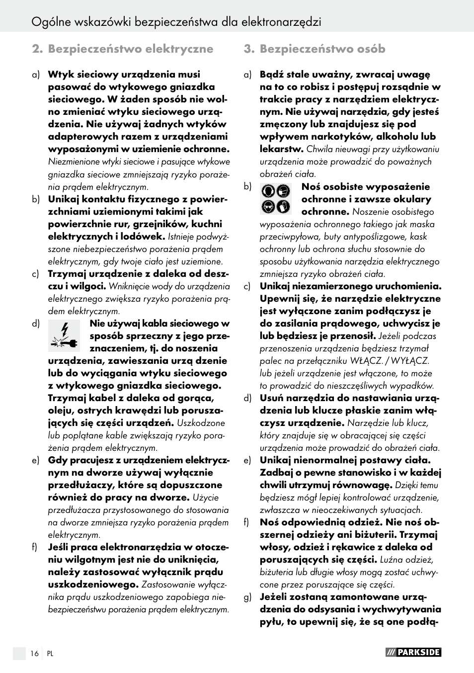 Bezpieczeństwo elektryczne, Bezpieczeństwo osób | Parkside PET 25 A1 User Manual | Page 16 / 45
