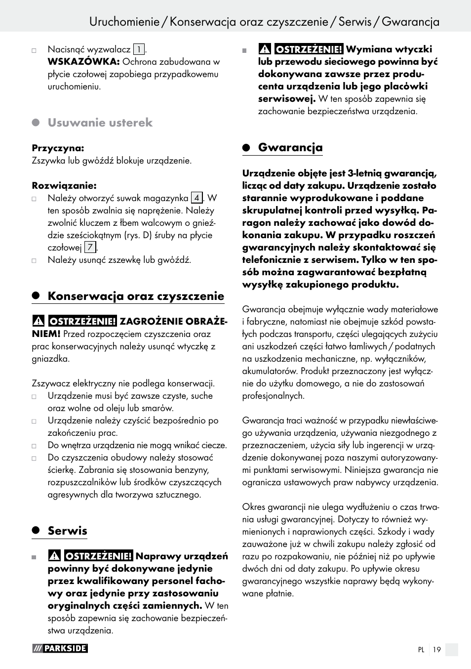 Usuwanie usterek, Konserwacja oraz czyszczenie, Serwis | Gwarancja | Parkside PET 25 A1 User Manual | Page 19 / 45