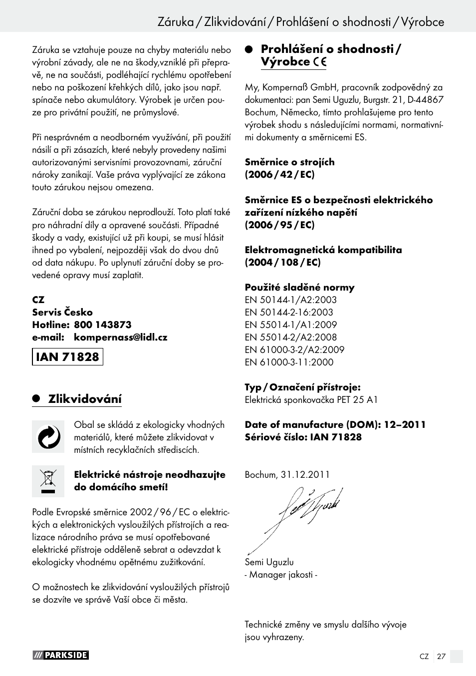 Zlikvidování, Prohlášení o shodnosti / výrobce | Parkside PET 25 A1 User Manual | Page 27 / 45