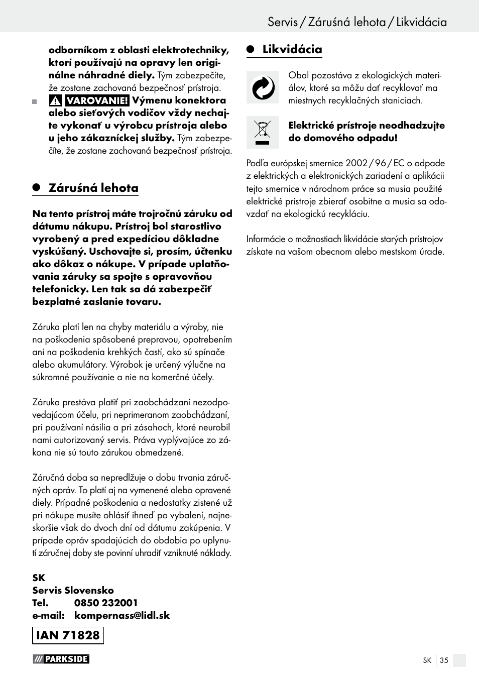 Servis / záruśná lehota / likvidácia, Záruśná lehota, Likvidácia | Parkside PET 25 A1 User Manual | Page 35 / 45