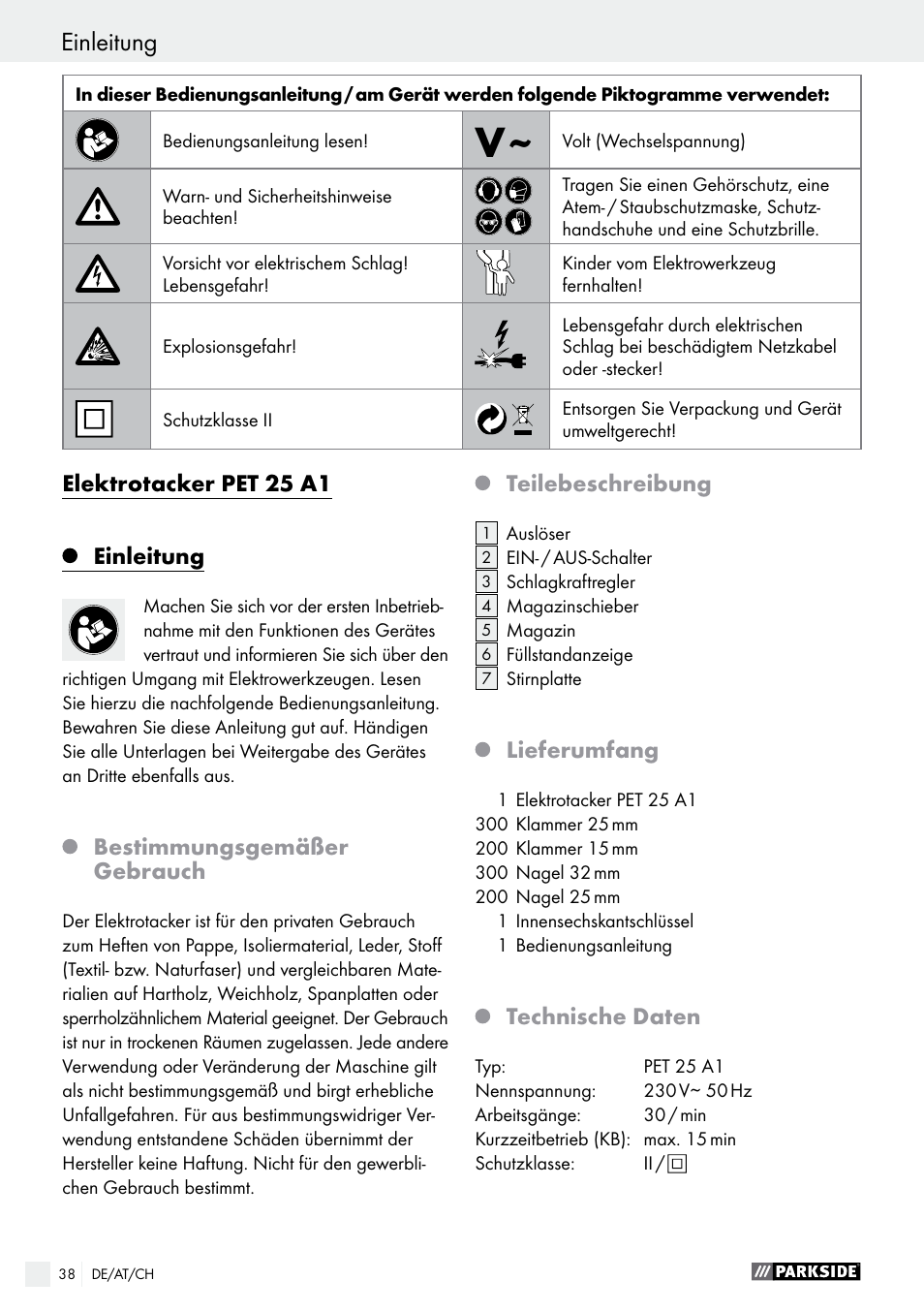 Elektrotacker pet 25 a1, Einleitung, Bestimmungsgemäßer gebrauch | Teilebeschreibung, Lieferumfang, Technische daten | Parkside PET 25 A1 User Manual | Page 38 / 45