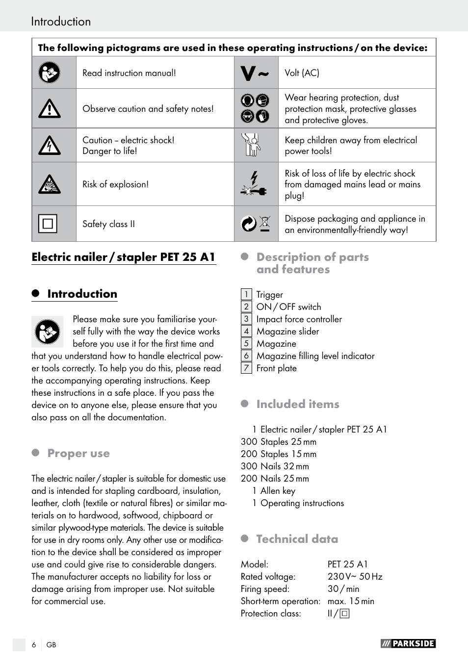 Electric nailer / stapler pet 25 a1, Introduction, Proper use | Description of parts and features, Included items, Technical data | Parkside PET 25 A1 User Manual | Page 6 / 45