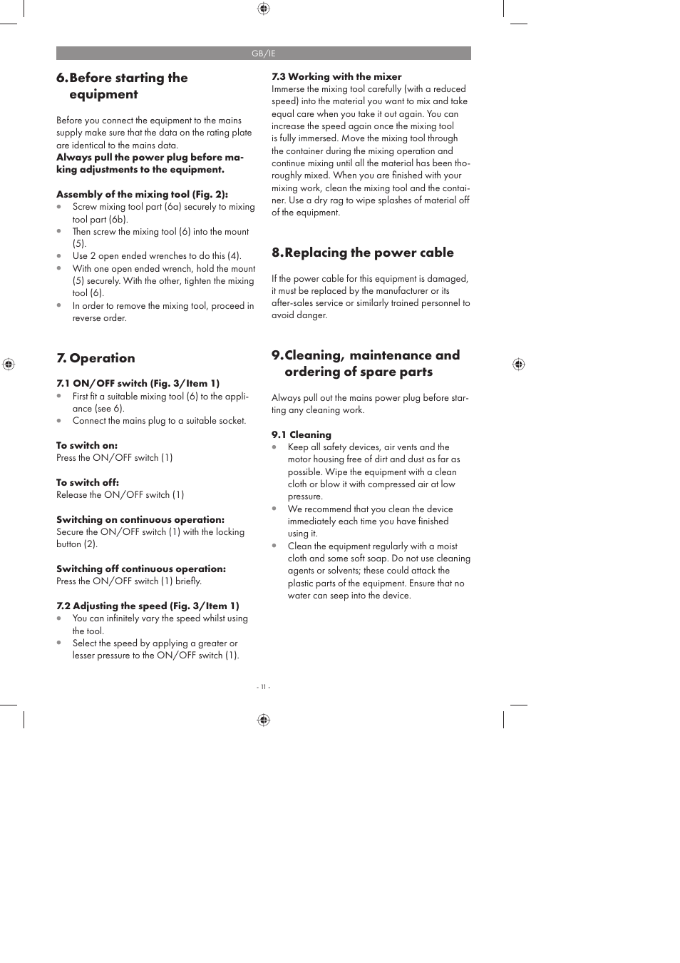 Before starting the equipment, Operation, Replacing the power cable | Cleaning, maintenance and ordering of spare parts | Parkside PFMR 1400 A1 User Manual | Page 11 / 18